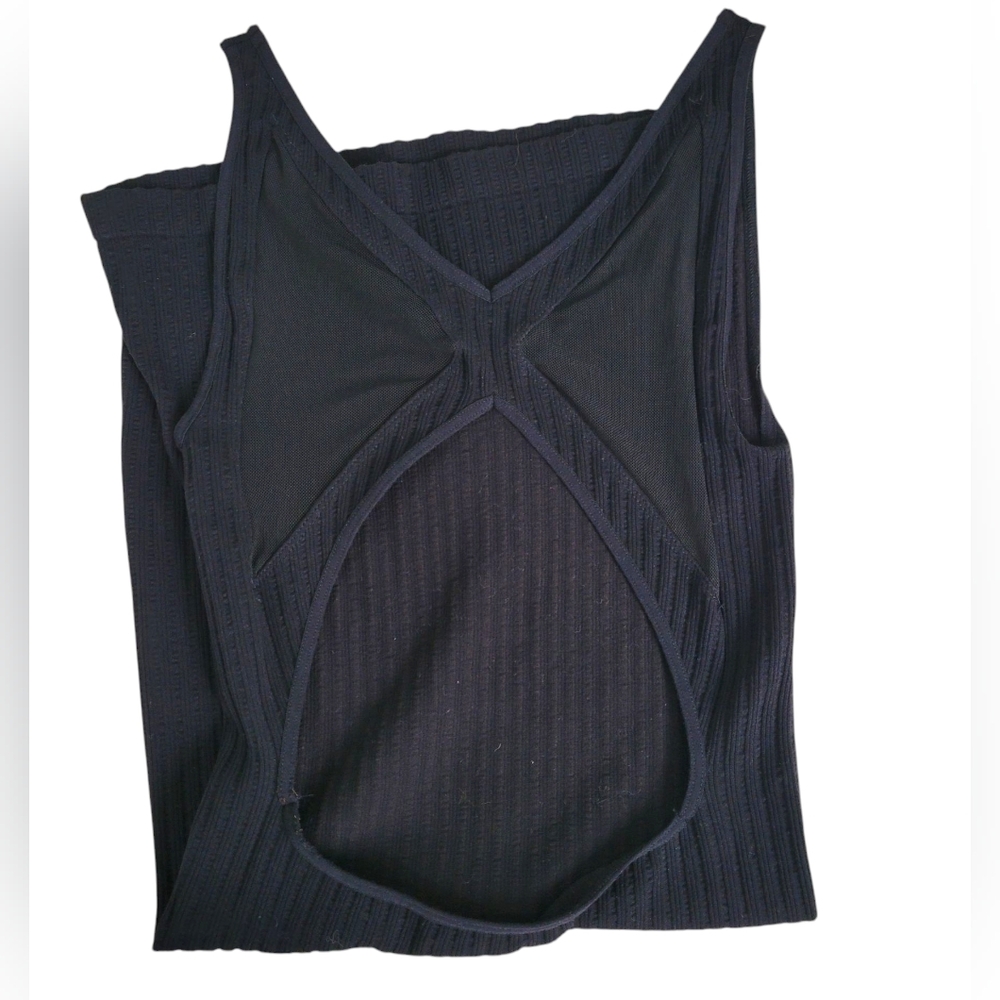 Intimately Free People Black Ribbed Longer Length Yoga Top Mesh/Scoop Back XS